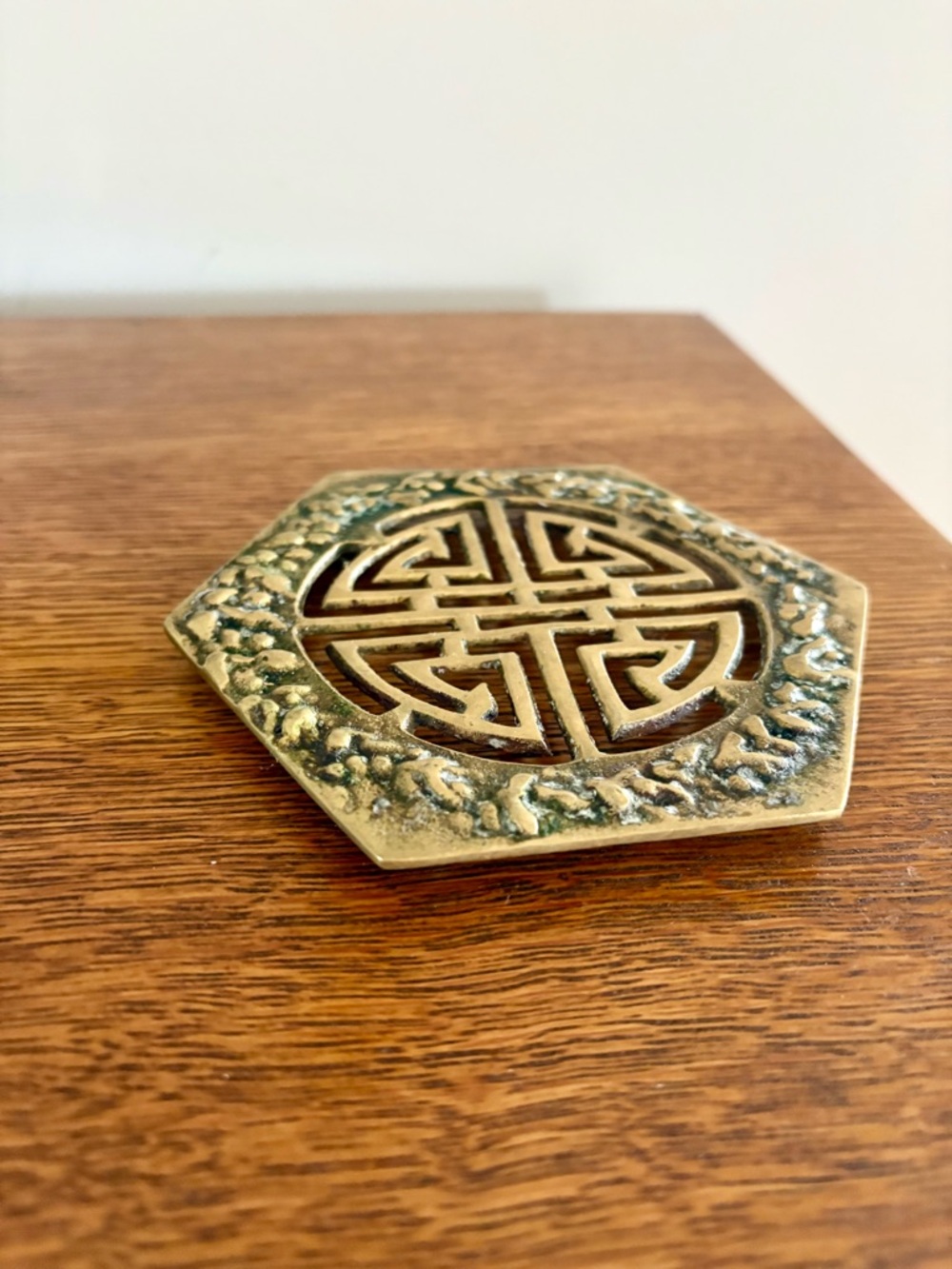 Brass Hexagonal Decorative Trivet with Oriental Motif - Brass Finish
